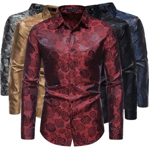 Fashion New Mens Long Sleeve Button Shirt personality Rose Print Casual Shirt Slim Dress Shirt