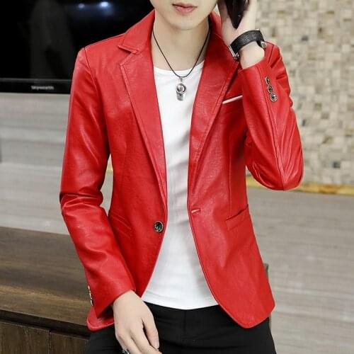HOO 2022 Mens New Slim PU Leather blazer Youth Handsome Single Buckle Leisur blazers
