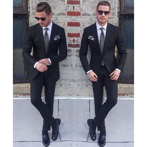 2019 Handsome Black Casual Mens Suits Slim Fit Two Pieces Groomsmen Wedding Tuxedos For Men Blazers Peaked Lapel Formal Suit