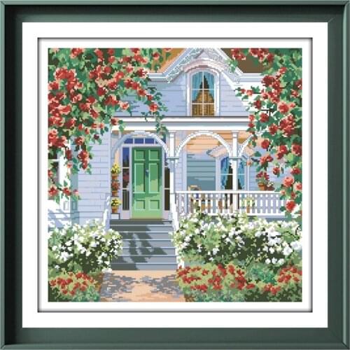 Red rose cottage counted cross-stitch kit flower embroidery needlework 18ct 14ct 11ct white cloth DIY handmade