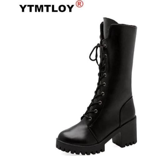2020 New Buckle Winter Motorcycle Boots Women British Style mid-calf Boots Gothic Punk square Heel solid Boot Women Shoes