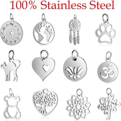 5pcs/lot 100% Stainless Steel Dog Paw Cat Animal Charm Wholesale Sun Om Connector Yoga Lotus Heart DIY Charms for Jewelry Making