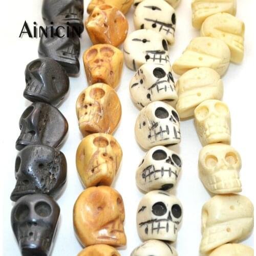 Many Size Genuine Ox Bone Black White Yellow Color Skull Head Carved Strand Loose Beads DIY Jewelry Making Findings 19~50pcs/lot