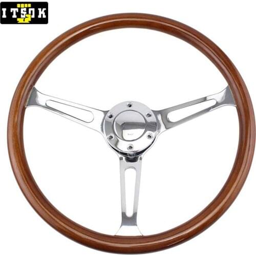 15 Inch Genuine Solid Wood Steering Wheel 380mm Long Hole Silver Chrome Iron Spoke Universal Real Wooden Volante 15inch Vintage