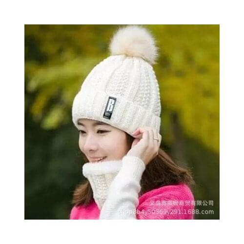 2021 New Outdoor Sports Winter Hat Ladies Cute Fur Ball Plus Velvet Warm Knitted Two-piece Hat Letter Wool Hat