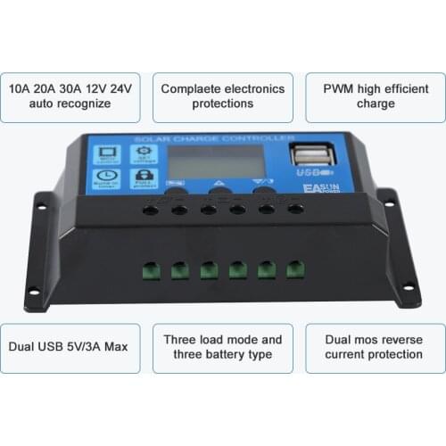 PWM 10A Solar Charger Controller 12V 24V Auto Controllers LCD Display 5V Dual USB Output Controller