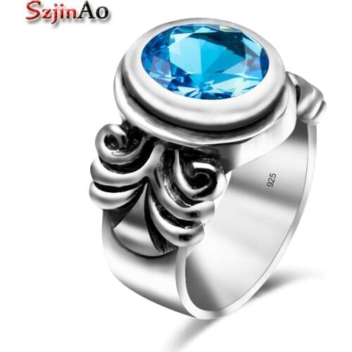 Szjinao London Blue Topaz Rings Gothic Handmade Genuine 925 Sterling Silver Luxury Fine Costume Jewelry Accessories For Women