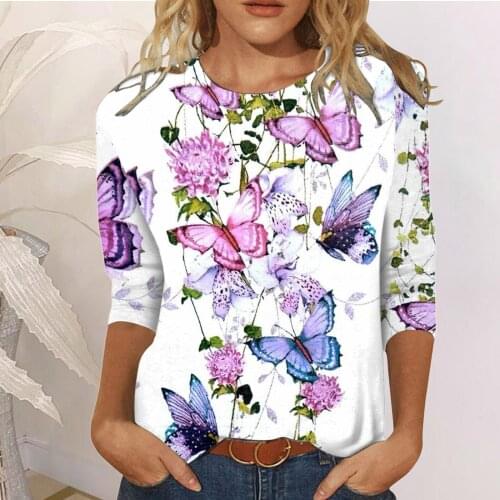 Harajuku Loose Blouse Womens Autumn Winter Butterfly Print Mid-length Sleeves Casual Shirt Tops Vintage O-neck Pullover Blouse