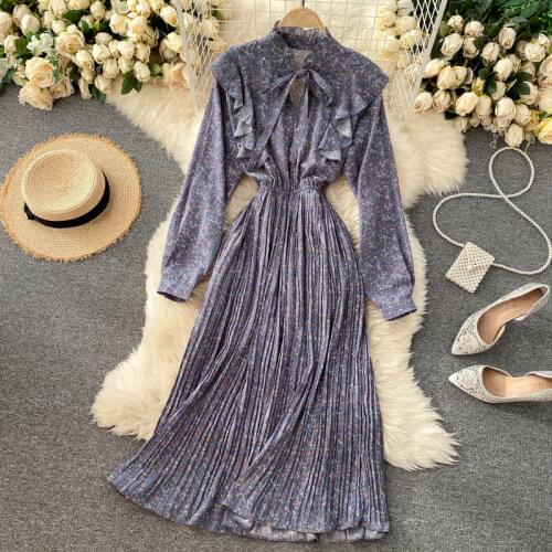 French Style Chic Flower Print Women Dresses Autumn New All-match Vintage Fungus Patchwork Vestidos Tie Collar Slim Fit Dress170