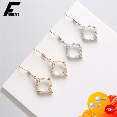 Women Earrings 925 Silver Jewelry Geometric Zircon Gemstone Gold Color Drop Earring for Wedding Engagement Ornaments Wholesale