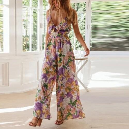Women Ruffles V Neck Spaghetti Strap Jumpsuit 2021 Summer Lace-Up Wide Leg Pant Female Casual Floral Print Boho Beach Jumpsuits