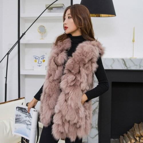 2021 Women Winter Fashion Real Fox Fur Warm Gilet Female V-neck Genuine Fur Sleeveless Coats Ladies Mid-long Slim Waistcoat U599