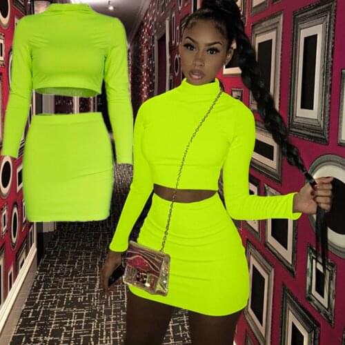 Neon Green Casual Two Piece Set Women Two Pieces Sets Sexy Turtleneck Long Sleeve Crop Tops Mini Skirt Solid color Matching Set