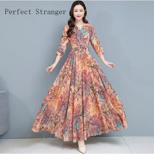 2021 Spring Summer New Arrival Elegant Bohemian Style Half Sleeve Flower Printed Women Chiffon Long Dress S-4XL