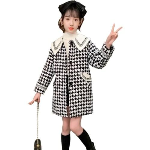 Winter Polyester Fiber Girls Woolen Coat Korean Version Splicing Mid-Length Jacket Thickened Fashion Childrens Woolen Overcoats