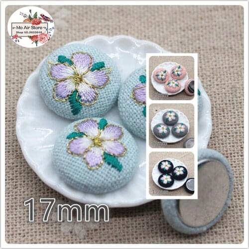 10pcs embroidery camellia flower Flatback Fabric Covered round Buttons Home Garden Crafts Cabochon Scrapbooking DIY craft 17mm