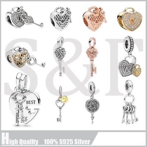 100% Real 925 Sterling Silver Heart Key Open Love Lock Beads Charm fit Pandora Bracelet for Women