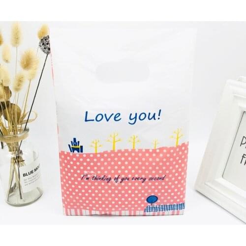 20x30cm Love you Print Pink Whtie Dot Plastic Gift Bag With Handles 50pcs Cute White Plastic Shopping Gift Handle Pouches