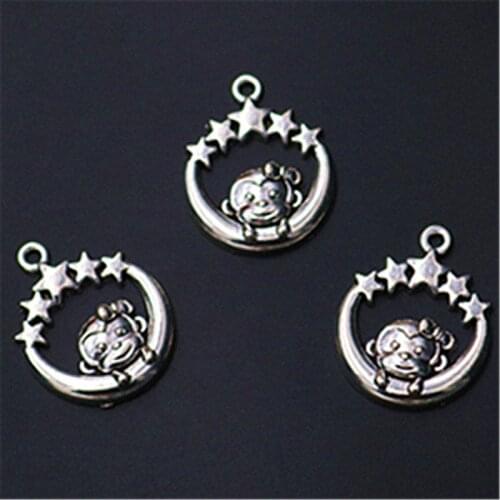 WKOUD 8pcs Silver Color Moon&Stars& Monkey Charm Fashion Necklace Earrings DIY Metal Jewelry Alloy Pendants A1074