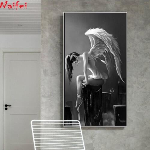 Large Modern Angel Wings Black And White Anime diamond Painting for Living Room Girl Room Kids Room Home Decor Wall Art Picture