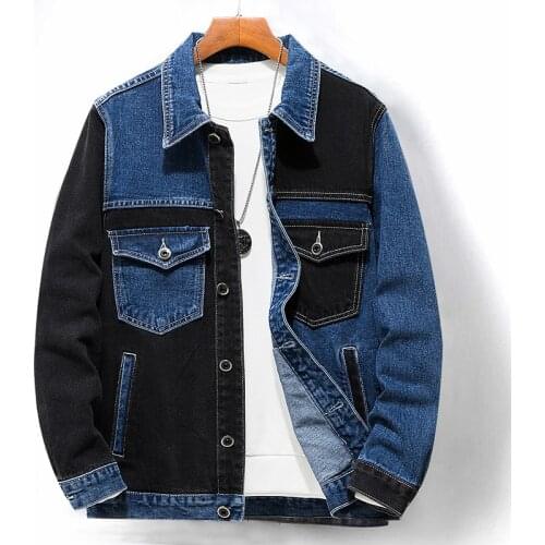 Brand Men Clothing Splicing Denim Jacket Blue Black Color Mixing Personality Fashion Male Jeans Jacket Coat Plus Size M-5xl