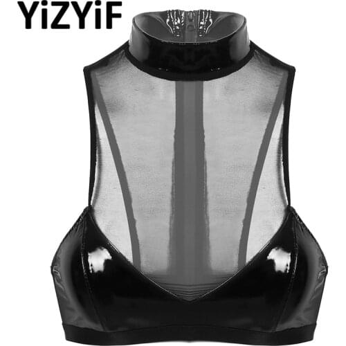 Sexy Lingerie Women Sheer Mesh And Patent Leather Patchwork Bras High Neck Back Zip Up Unlined Wireless Bra Top Tanks Crop Top