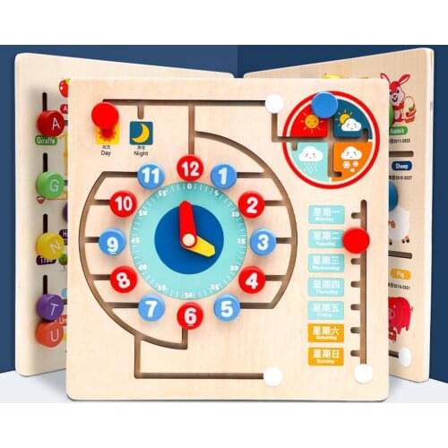 Montessori Wooden Toys Kids Clock - Wooden Toy Early Learning Toy Learn About Days of Week, Time Telling Day Night Weather
