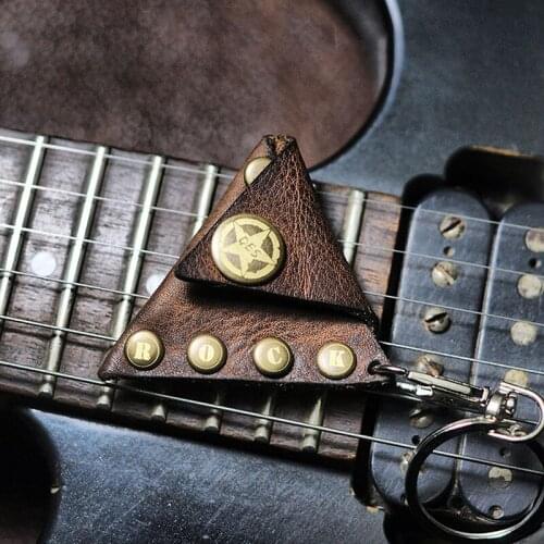 MoonEmbassy Vintage Genuine Leather Rock Guitar Pick Holder Handmade Guitarra Plectrum Case Bag Key Chain Accessories