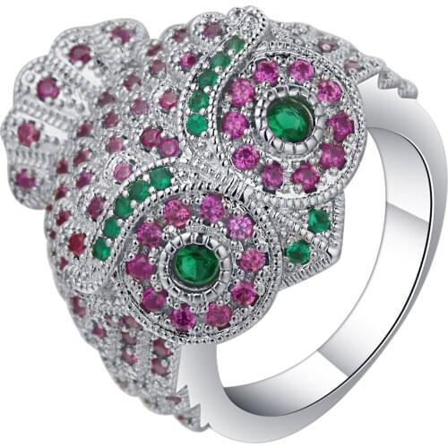 Hainon Fashion Big Owl Party Engagement Ring for Women Charming Pink&Green Cubic Zirconia Stone Silver Color Luxury Lovely Rings