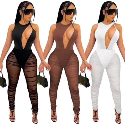 Cutubly Hollow Out Summer Sexy Jumpsuit Mesh See Through Casual Jumpsuits For Women Sleeveless Zips Rompers And Jumpsuits Girls