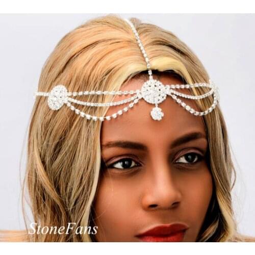 StoneFans Round Bridal Hair Accessories Headpiece Crystal Rhinestone Chain Flapper Cap Wedding Party Forehead Chain Jewelry
