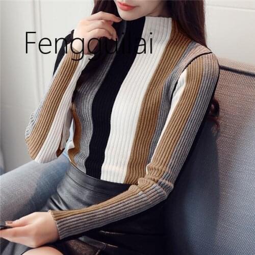 Fashion 2020 Winter Clothes Women Tops Ladies Striped Pull Knitted Sweater Long Sleeve Knitted Pullover Turtleneck Sweater