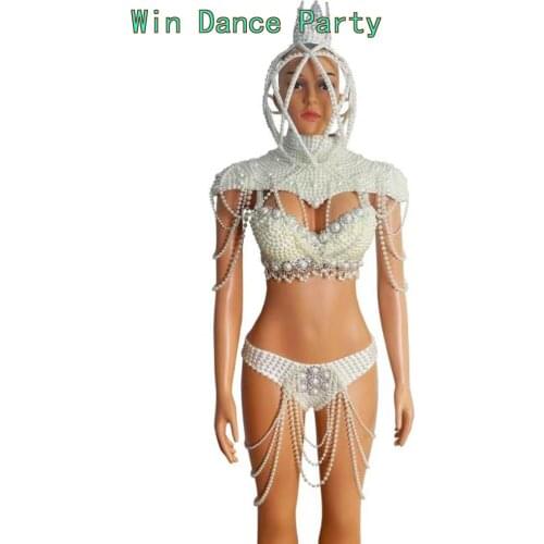 Rave Outfit Festival Clothing Costume Bikini Big rhinstone Pearls stage clothing Shoulder Pad Birthday Party