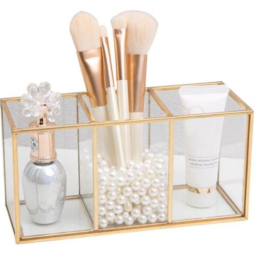 3 Grids Transparent Glass Makeup Brush Storage Box Luxury Cosmetics Storage Box Container Fashionable And Luxury