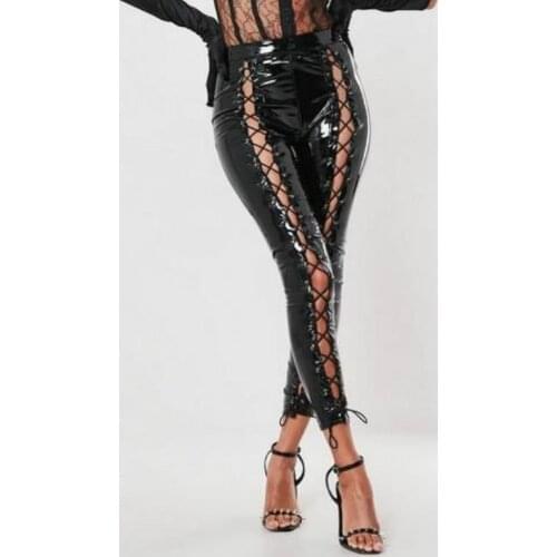 Sexy Bandage Legging Women Hot Sexy Black Wet Look Faux Leather Leggings Slim Shiny Pants Plus size M L XL XXL