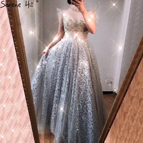 Serene Hill Silver A-Line Sparkle Evening Dresses Gonws 2021 Beaded Sexy For Women Wedding Party LA70722