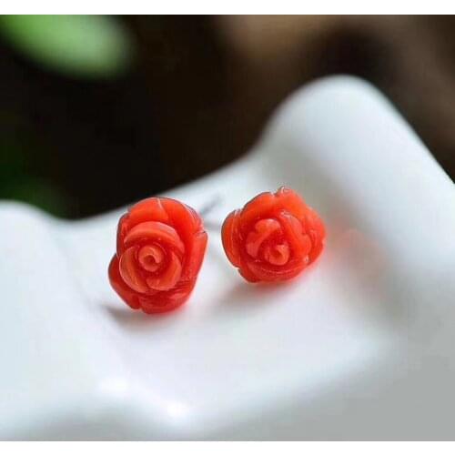 1Pc Natural red coral earrings 925 Sterling Silver fashion gem ring crystal healing stone gift for ladies christmas