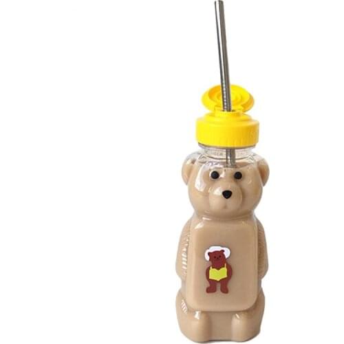 Lovely Cartoon Bear Straw Cup Water Bottle with Lid Leakproof Home Travel Couples Children Festival Gift 250ml