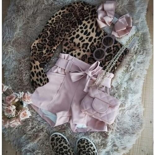 1-6Y Fashion Girls Autumn Clothing Sets Leopard Print One Shoulder Long Sleeve Crop Tops+Belt Shorts Children Casual Tracksuits