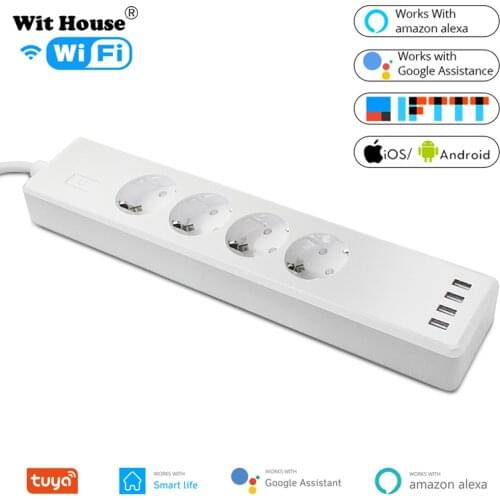 Tuya smart WIFI power strip EU standard with 4 plug and 4 USB port compatible with Echo Alexa and Google Nest