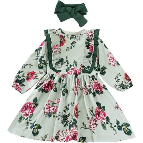 Classic Rose Flower Printing Spring Dress For Baby Girls Cute Bow Long Sleeve Party Dress Children Casual Costume