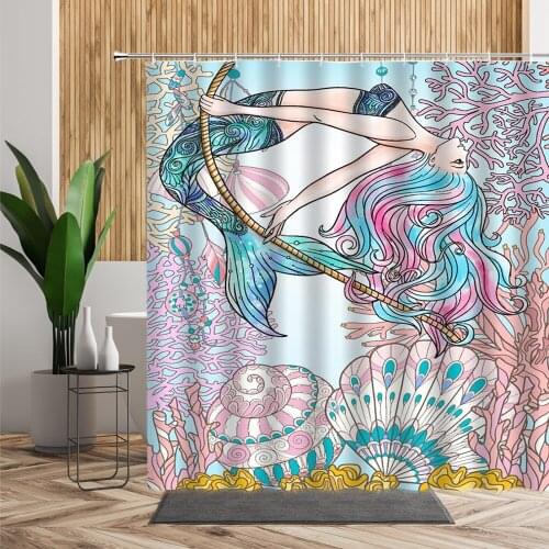 Shower Curtain Color Handpainted Underwater World Mermaid Coral Reef 3D Printing Bathroom Decoration Waterproof Bath Curtains