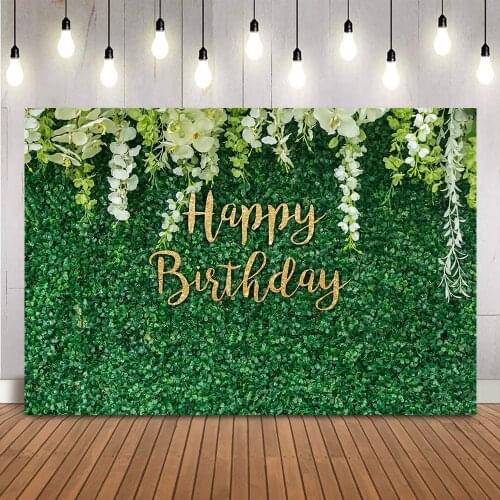 Green Grass Birthday Backdrop Adult Women Gold Glitter Happy Birthday Photo Booth Background Photocall Green Leaves Backdrops