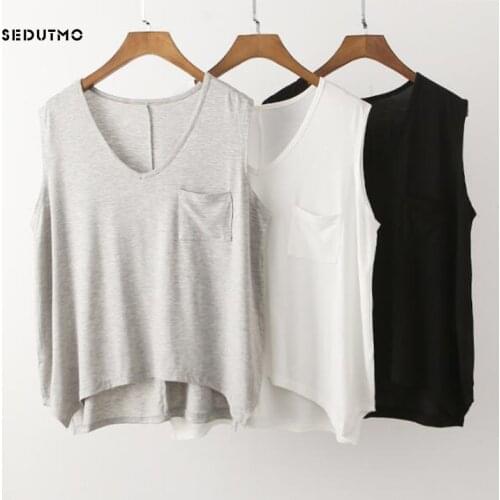 SEDUTMO 2018 Summer Tank Top Women Short T Shirt Crop Top Sleeveless t Fashion Tee Oversize Modal White Pocke Shirts ED263