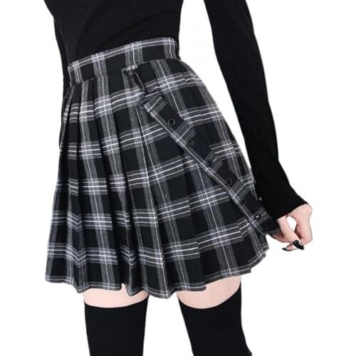 65% Dropshipping!!Women short skirt fashion high waist plaid shoulder strap big hem pleated party mini A-line skirt