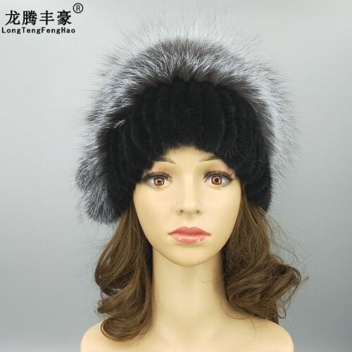 Winter Genuine Mink Fur Womens Cap Real Fox Fur Big Pompom Design Fashion Stripe Warm Hat Female Real Fur Cap Knitting Mink Hat