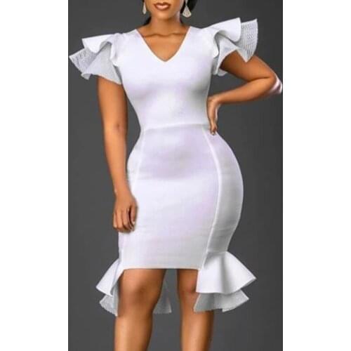 2021 Summer Sexy V Neck Ruffles Short Sleeve White Dress Women Party Robe Femme Casual Bodycon Club Vestidos Ropa Mujer 70144