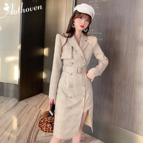 2020 New Women Notched Collar Double-breasted Vintage Work Lady Dress Office Bandage Dresses Autumn Luxury Asymmetrical Dress