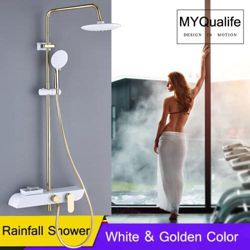 Golden White Bath Shower Mixer Faucet Rainfall Bathroom Shower set Single Handle Commodity Shelf Mixer Valve Shower Faucet Tap