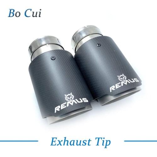 1PCS Car Exhaust Tail Pipe Matt Carbon Fiber Sandblasting Stainless Steel Straight Flange Muffler Tip With Remus Logo
